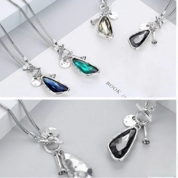 Silver 36" Long Faced Cristal Sweater Necklace Blue Womens Jewelry - Picture 6 of 10